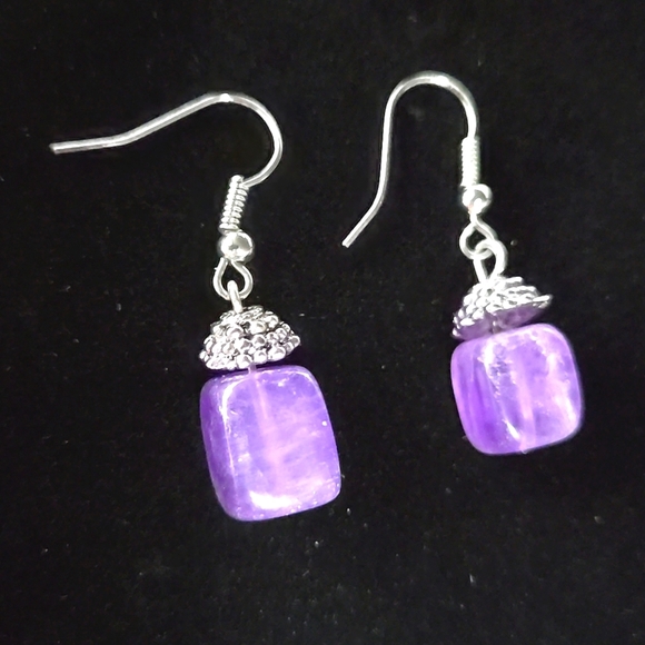 Vintange Handmade Silver Tone Purple Amethyst Dangle Earrings - Picture 3 of 16